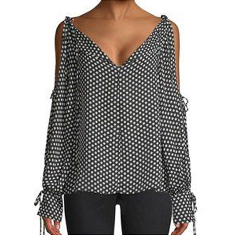 NEW Milly Women Silk Black Polka Dotted V Neck Keyhole Cold Shoulder Bow Blouse